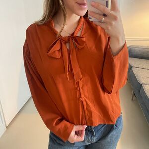 Lumiere Long Sleeve Button up Neck-Tie Blouse Burnt Orange Small